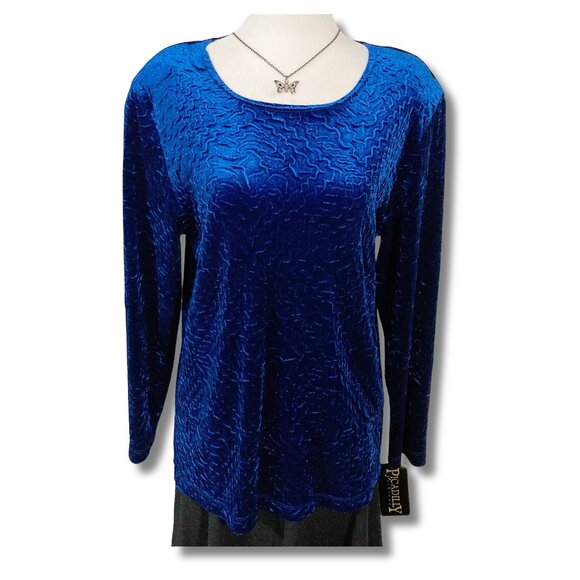 PICADILLY Vintage royal blue velvet long sleeve shirt ~ Deadstock MEDIUM LARGE - Picture 1 of 15